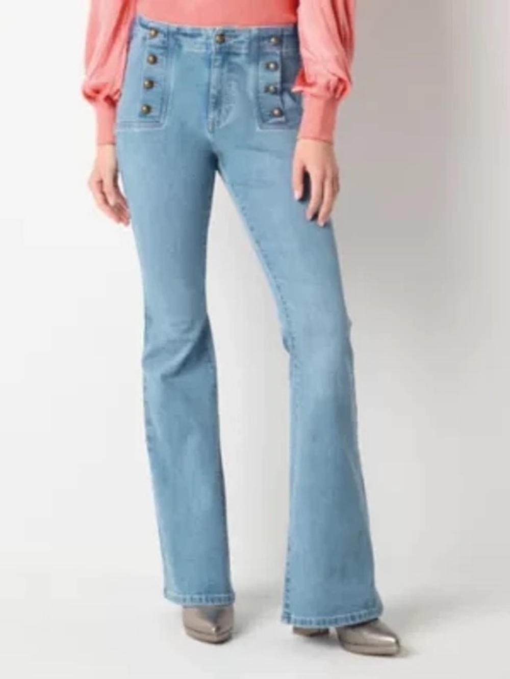 Ryegrass High-Rise Light Blue Flare Jeans with Button-Trim Pockets